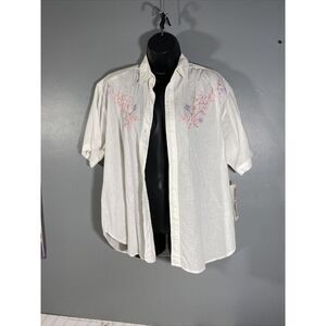 Rosey Tomato button down shirt medium Broadway New York Embroidered‎ Floral 100%